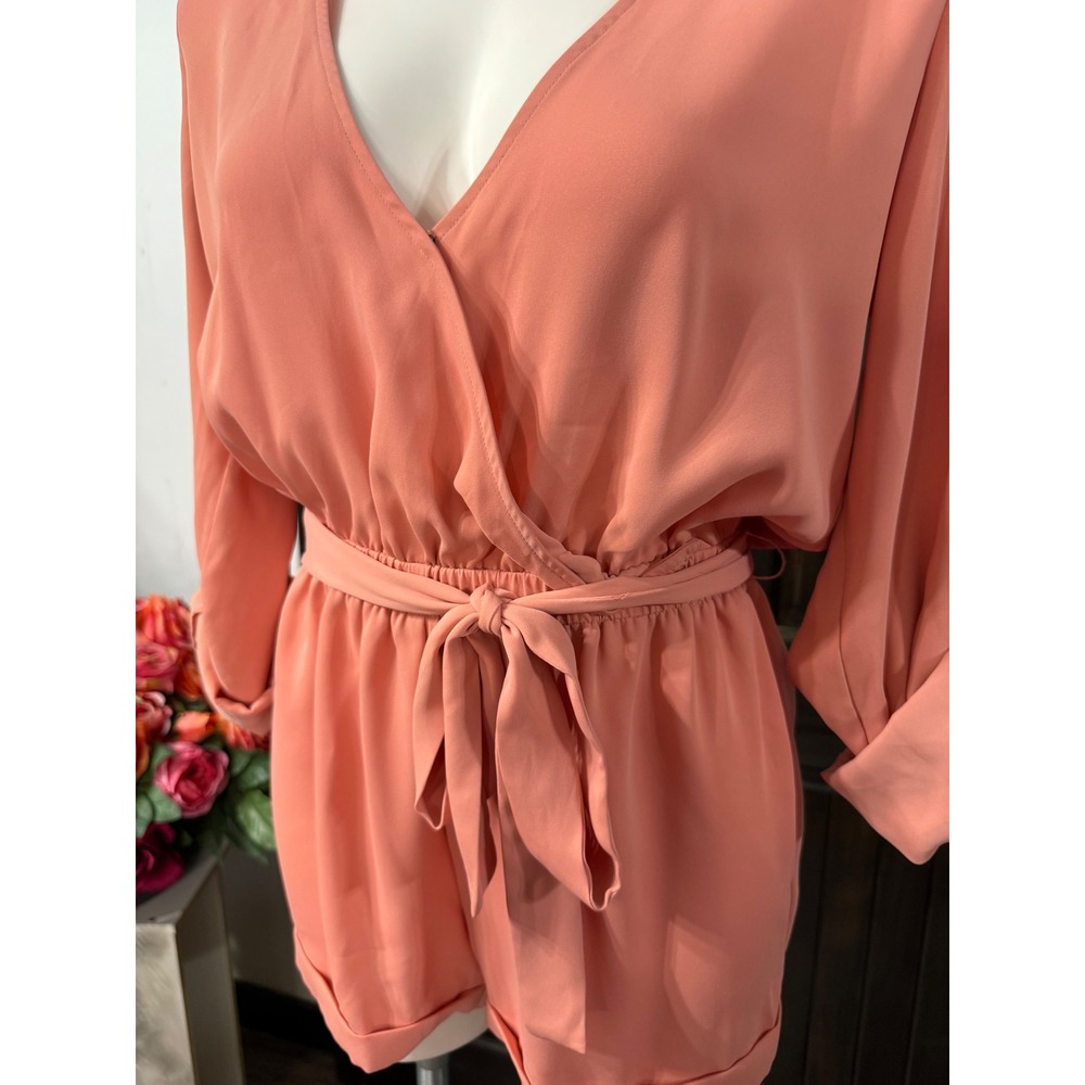 Guess Women Coral Pink Roll Tab Sleeve Wrap Front Romper Small - Picture 2 of 7